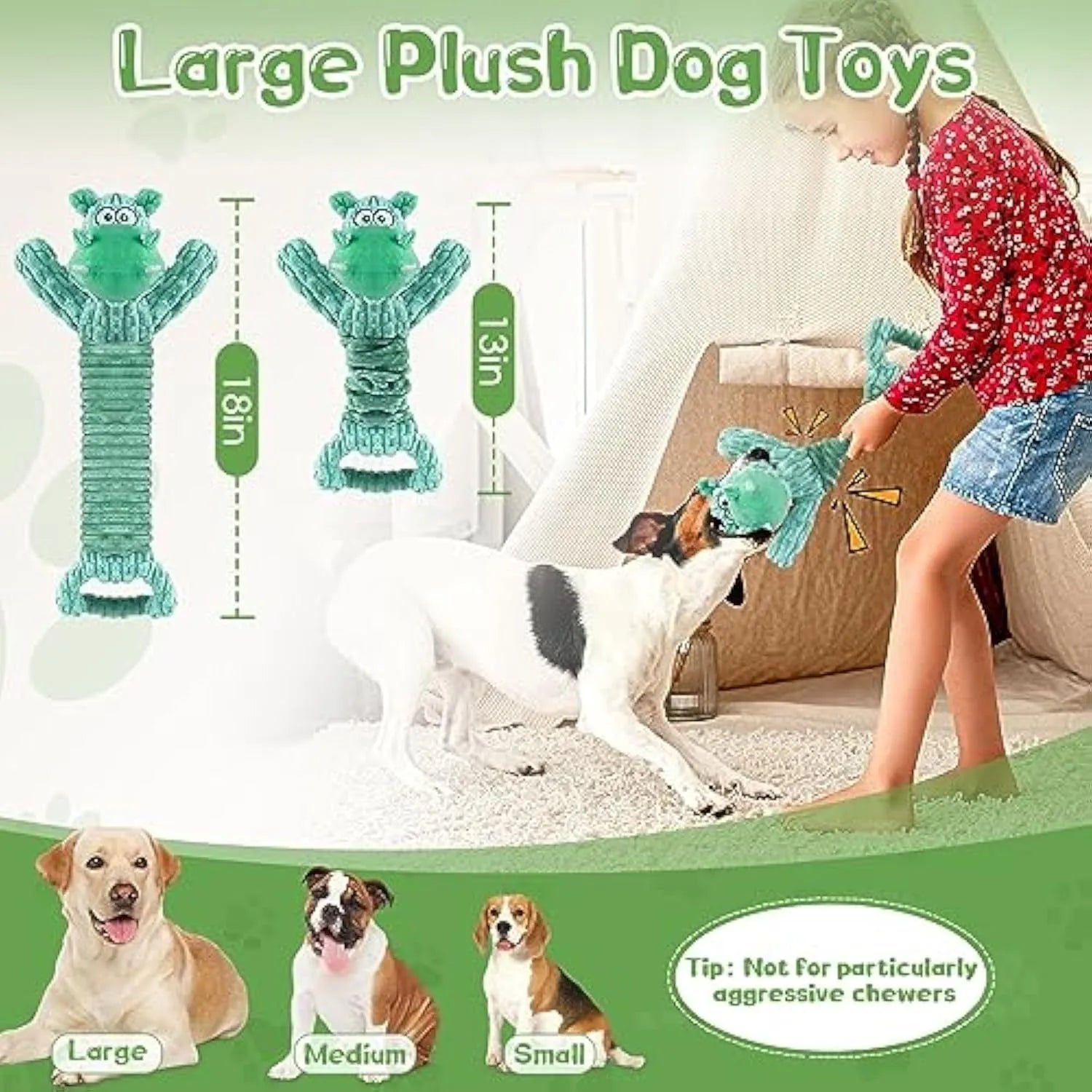 Large soft plush dog toy in hippo and monkey designs with a handle base.