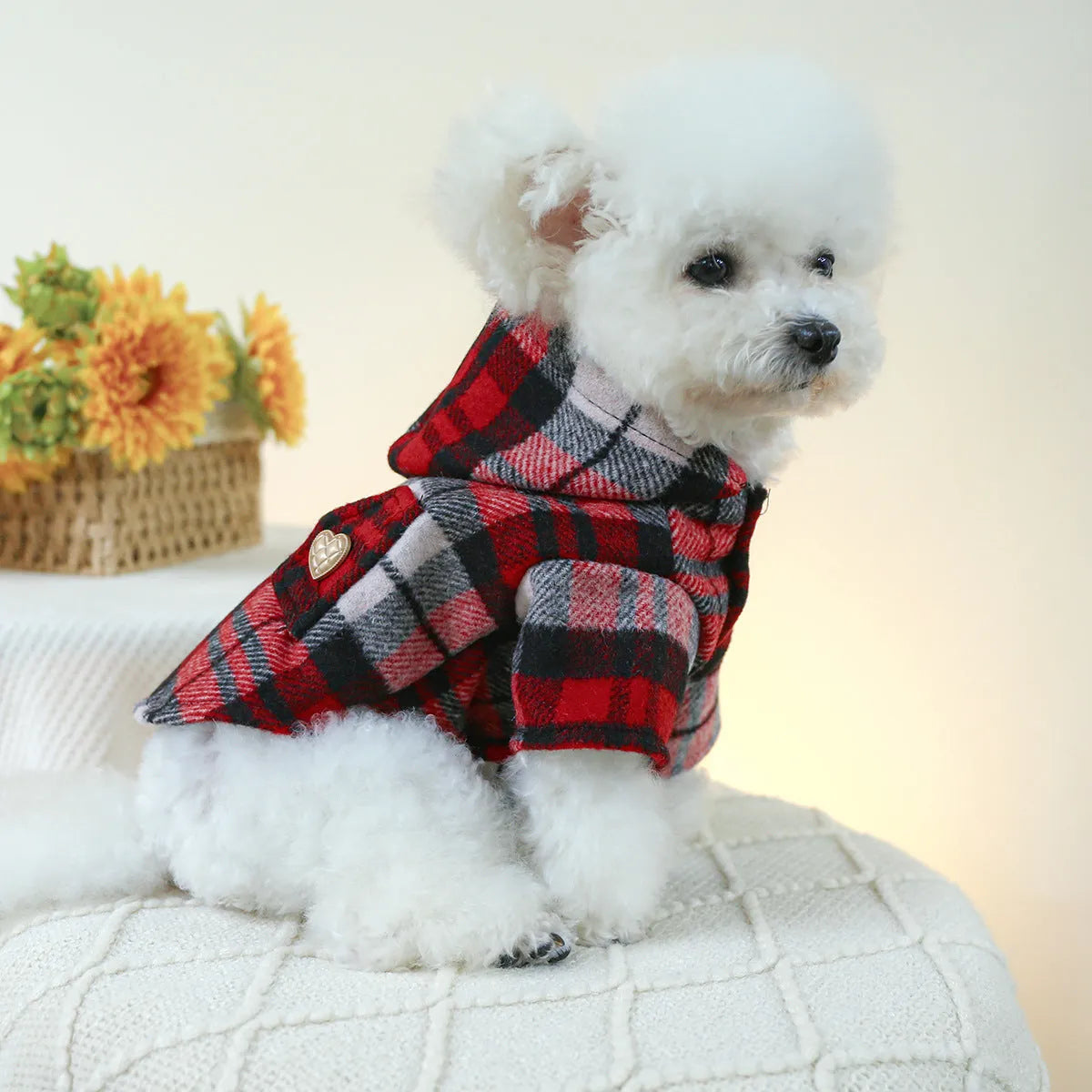 Red plaid dog trench coat for winter wear with size measurements displayed