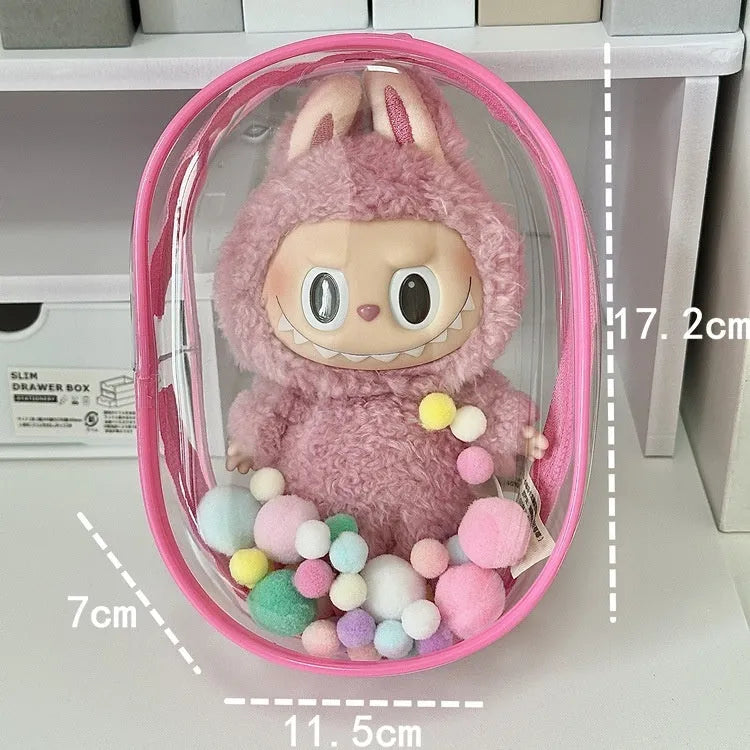 Clear PVC cube storage bag for dolls with keychain attachment in avocado green colour