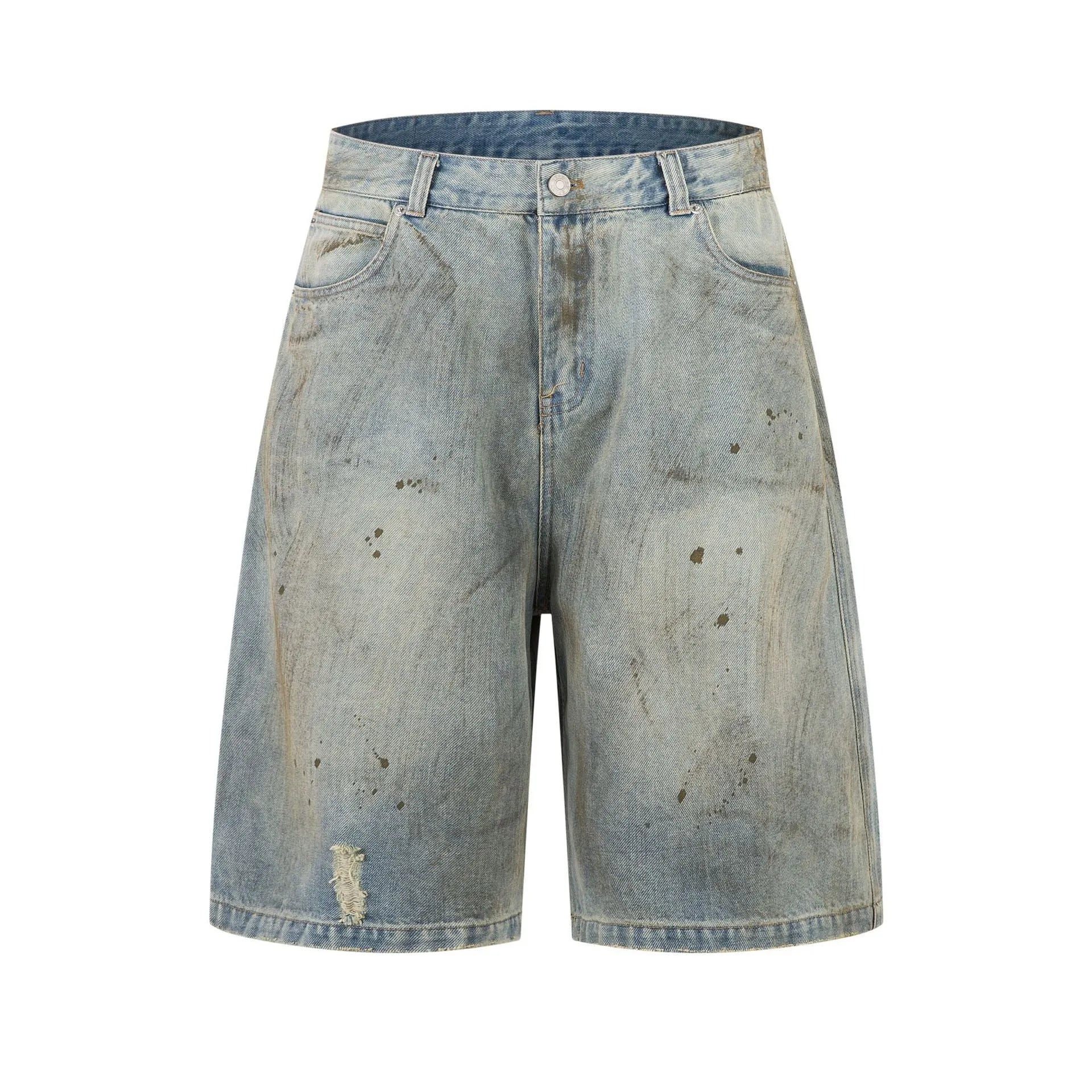 Blue cropped denim middle pants with straight leg and zipper fly on a model