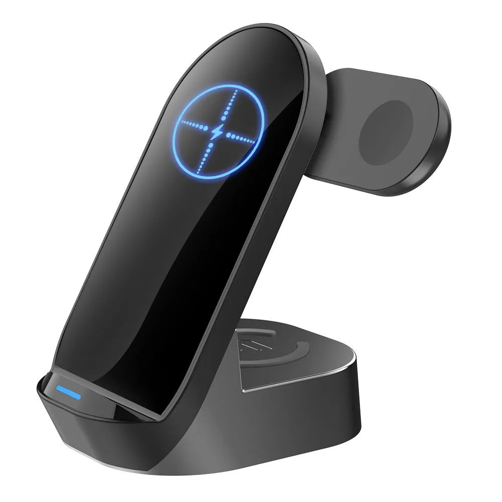 Grey black foldable 3-in-1 wireless charger standing vertically with phone, watch, and earbuds case.