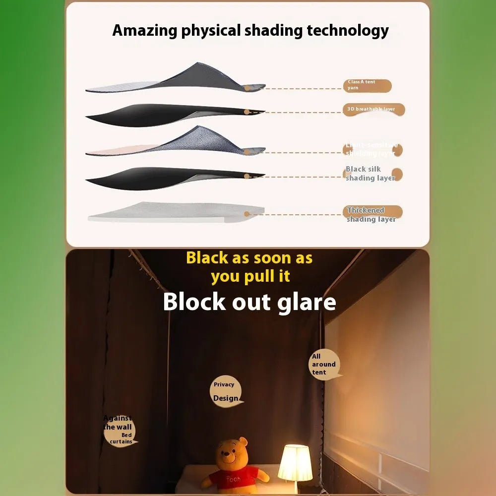 Gentleman grey bed curtain with integrated mosquito net for 0.9m beds showing five-side light blocking design