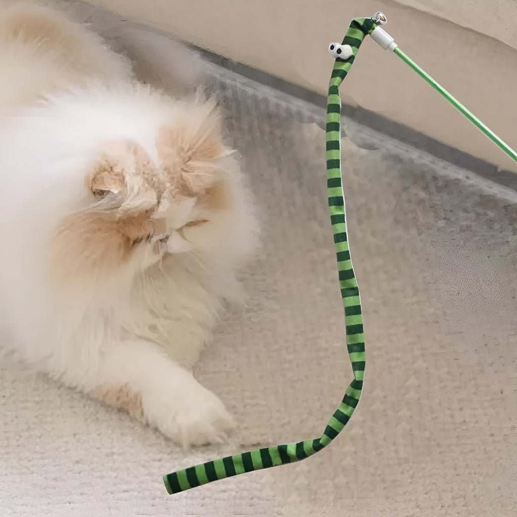 Cat wand teaser toy with colourful plush strip and bell on a polycarbonate pole.