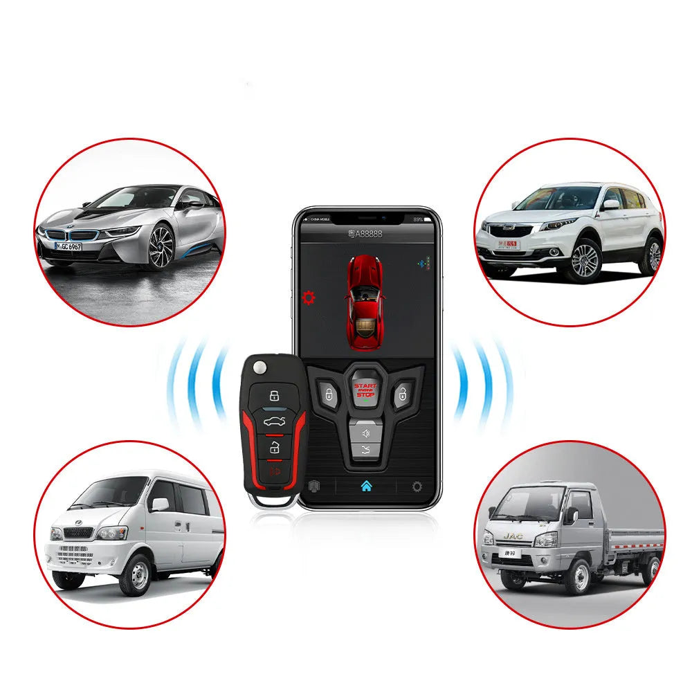 Red and black one-way remote car alarm system with two remotes for 3000m range vehicle security.