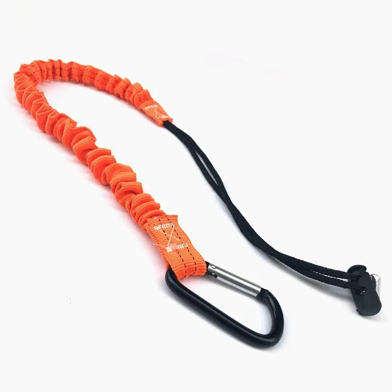 Orange fishing rod safety rope with metal snap hooks, 90cm length