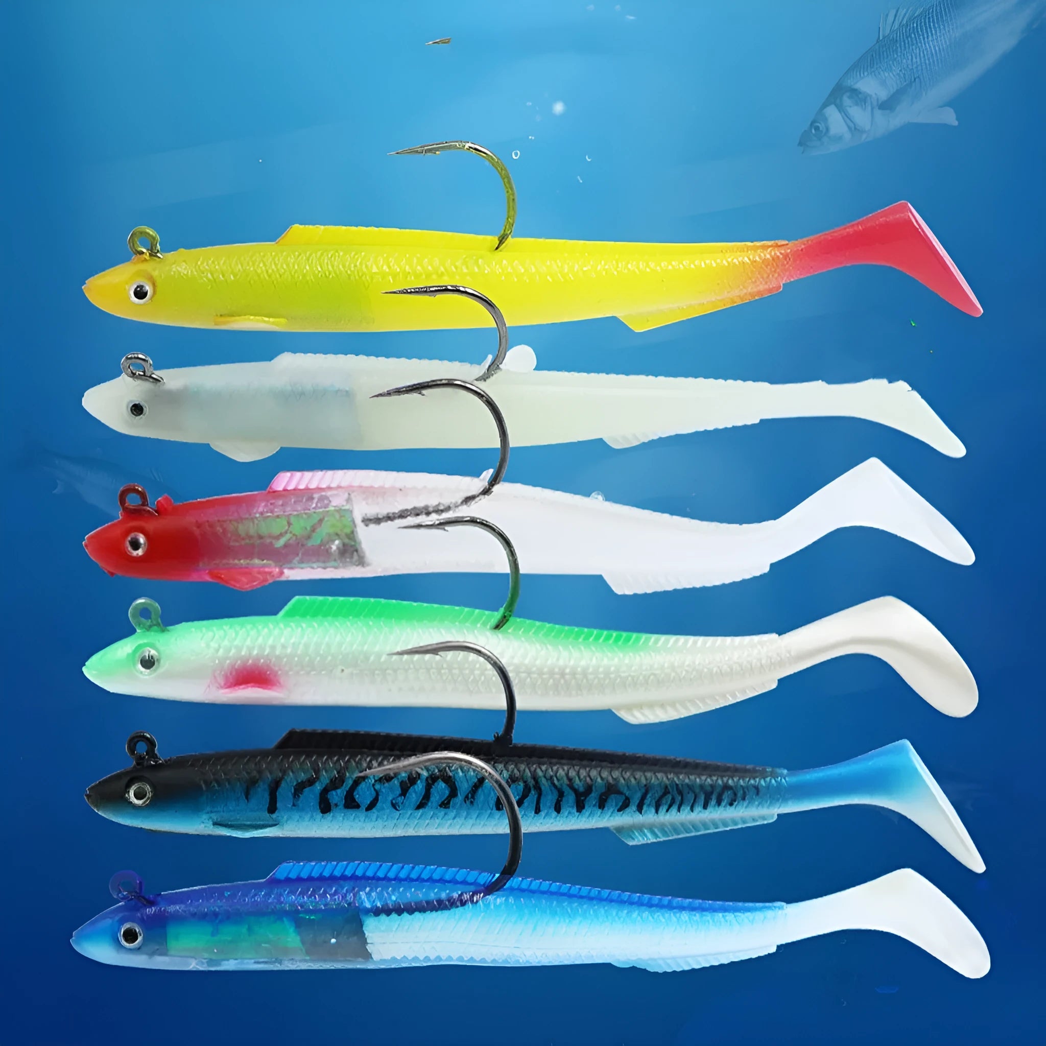 T-tail soft fish jig hook lure in blue colour, 15cm rubber artificial bait