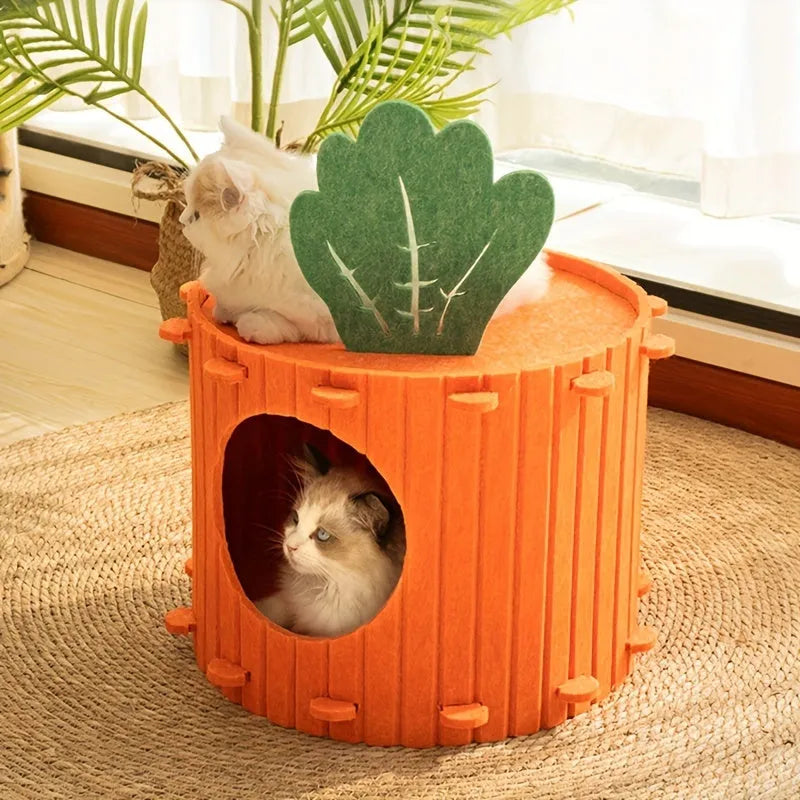 A brown felt carrot-shaped cat nest with a round drilled hole entryway, shown in two size options.