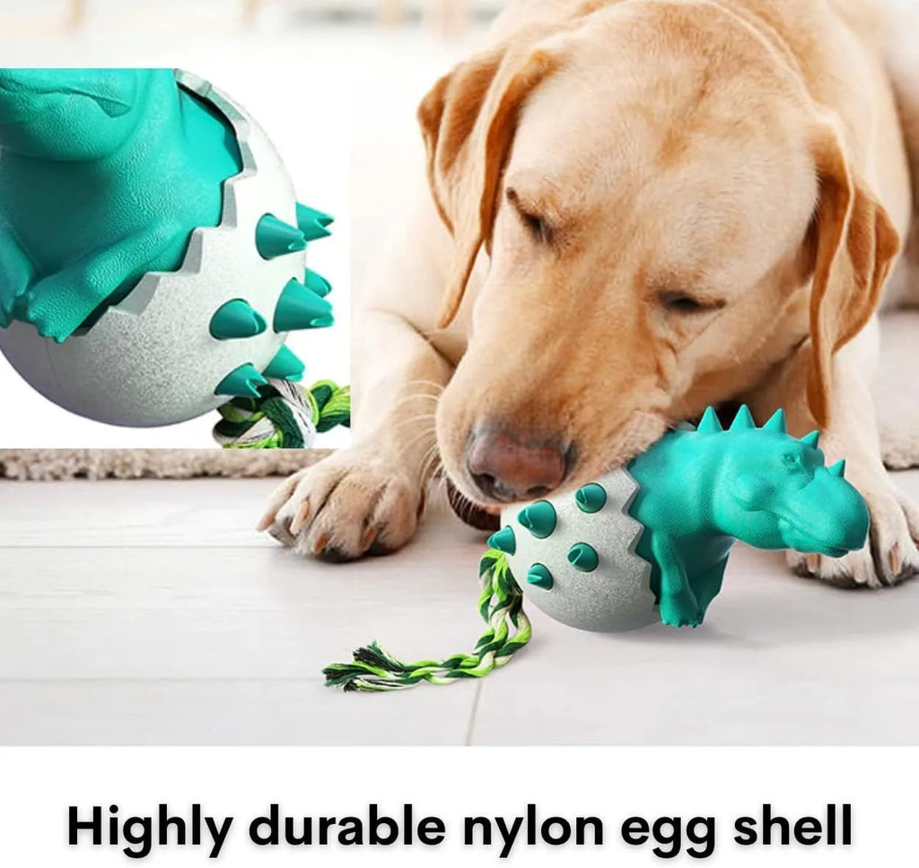 Blue durable dinosaur-shaped dog chew toy with textured surface and attached rope for tug of war.
