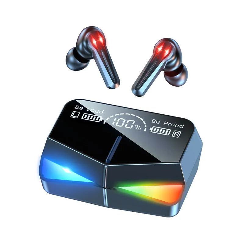 Black in-ear Bluetooth gaming headset with microphone, shown with a smartphone displaying a game.