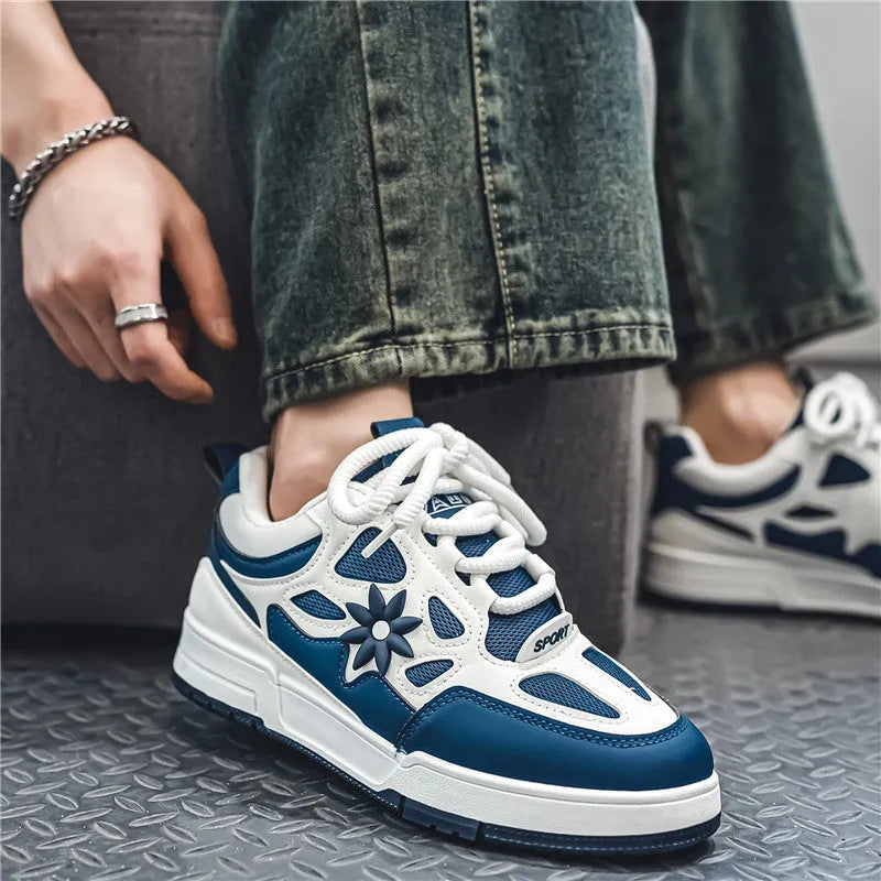 Men's Korean style bread shoes in black with belt decoration, flat heel, and low-top lace-up design
