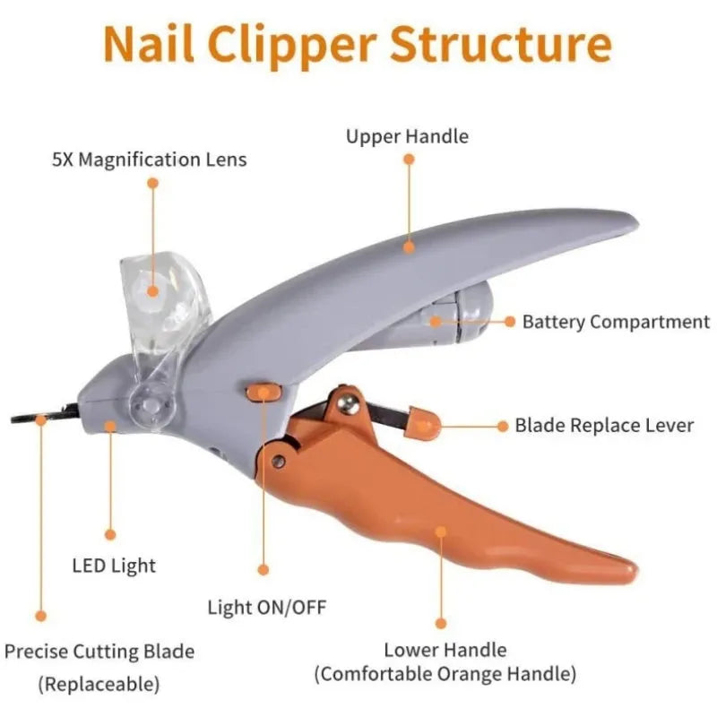 Yellow pet nail clipper for dogs and cats with built-in LED light and magnifying lens on handle.