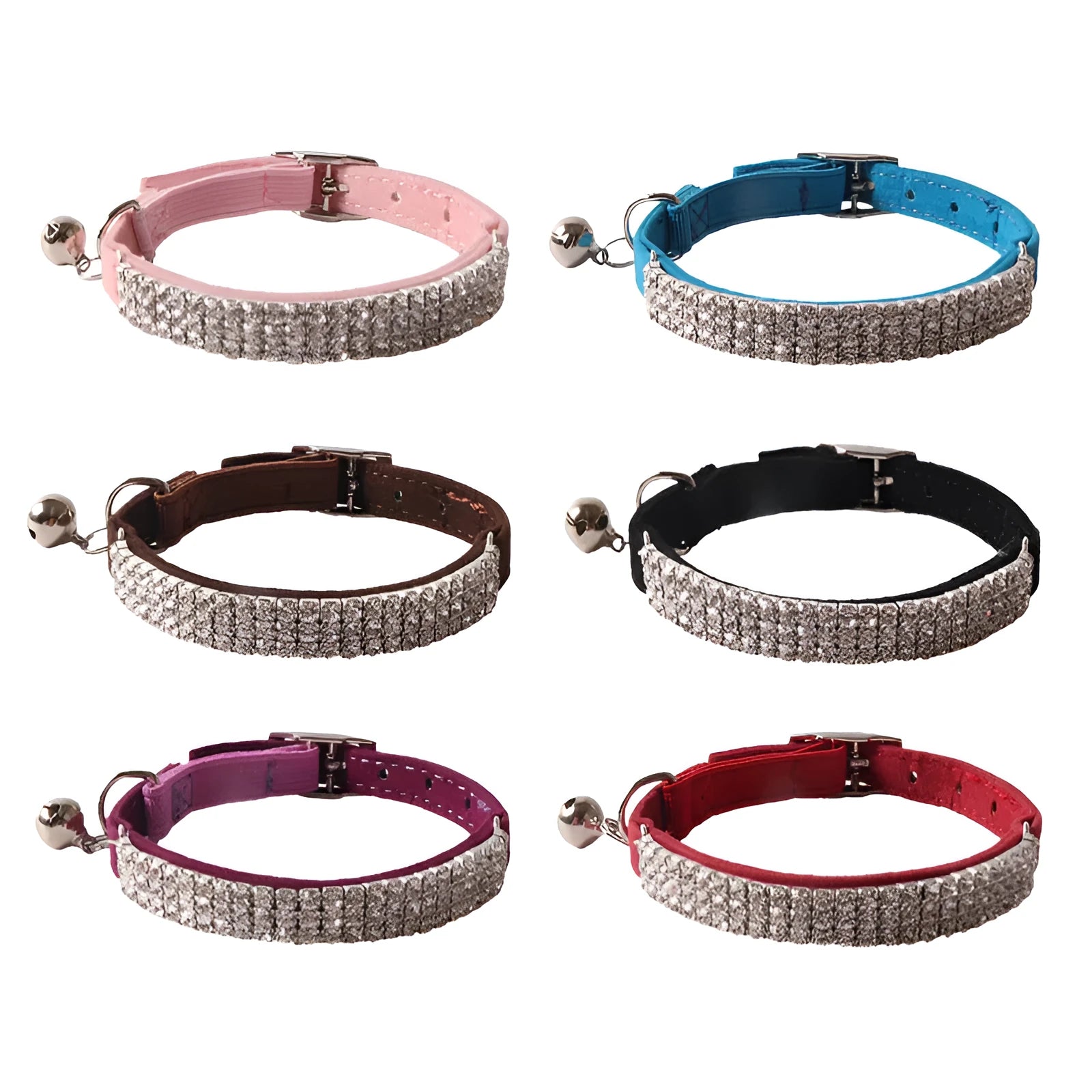 Flocked elastic buckle cat collar shown in multiple colours on a white background.