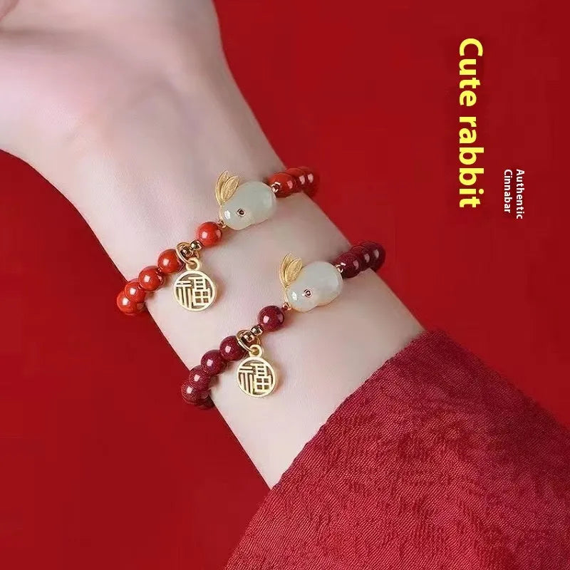 Cinnabar jade hare bracelet with purple gold sand colour beads in 6mm or 8mm size options