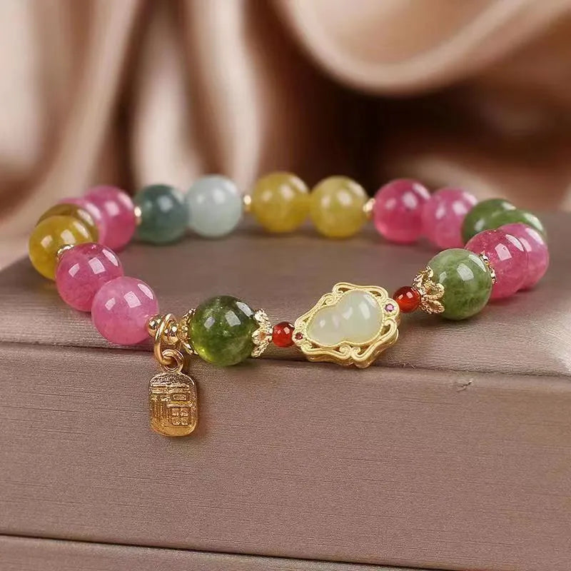 Women's colourful tourmaline gourd blessing card bracelet with floral design and electroplated finish