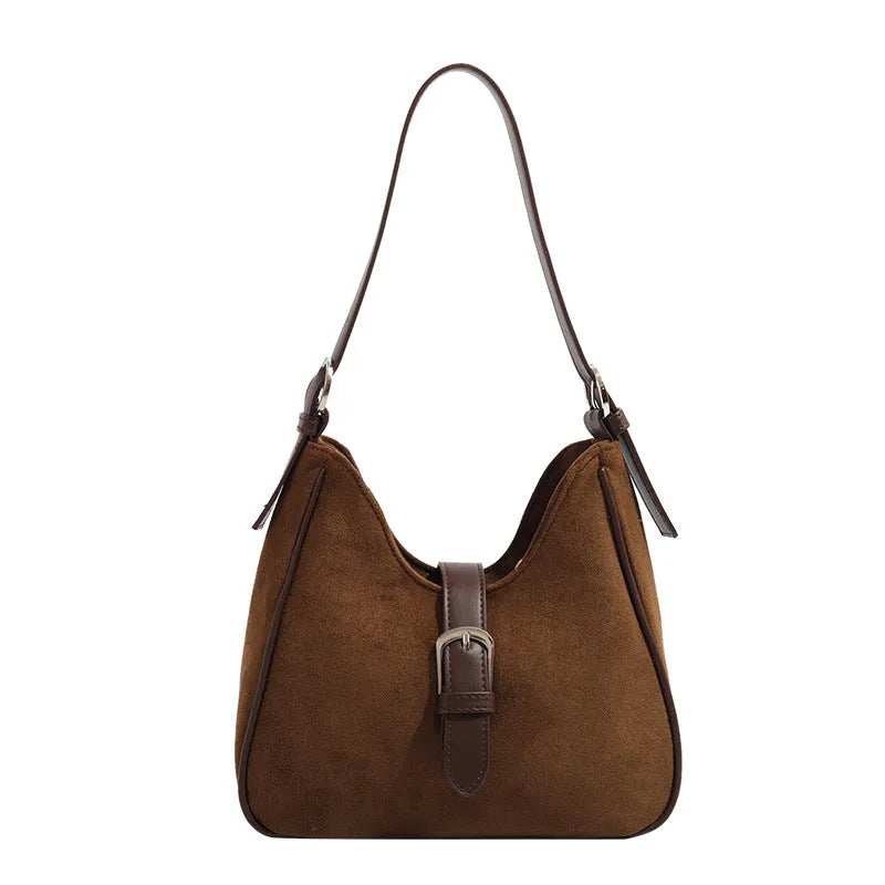 Retro suede leather underarm shoulder bag in brown with double straps, large capacity portable design