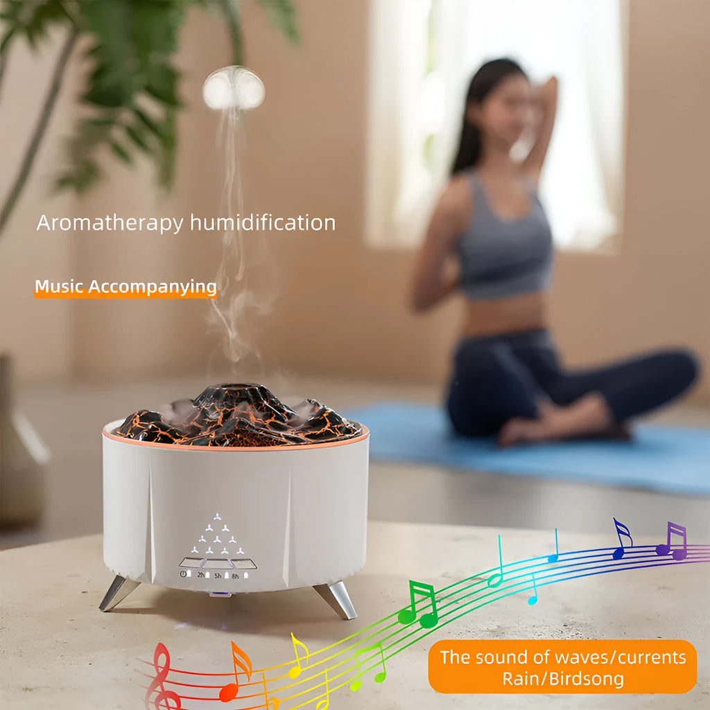 White mini simulated flame ultrasonic aromatherapy humidifier on wooden surface with remote control