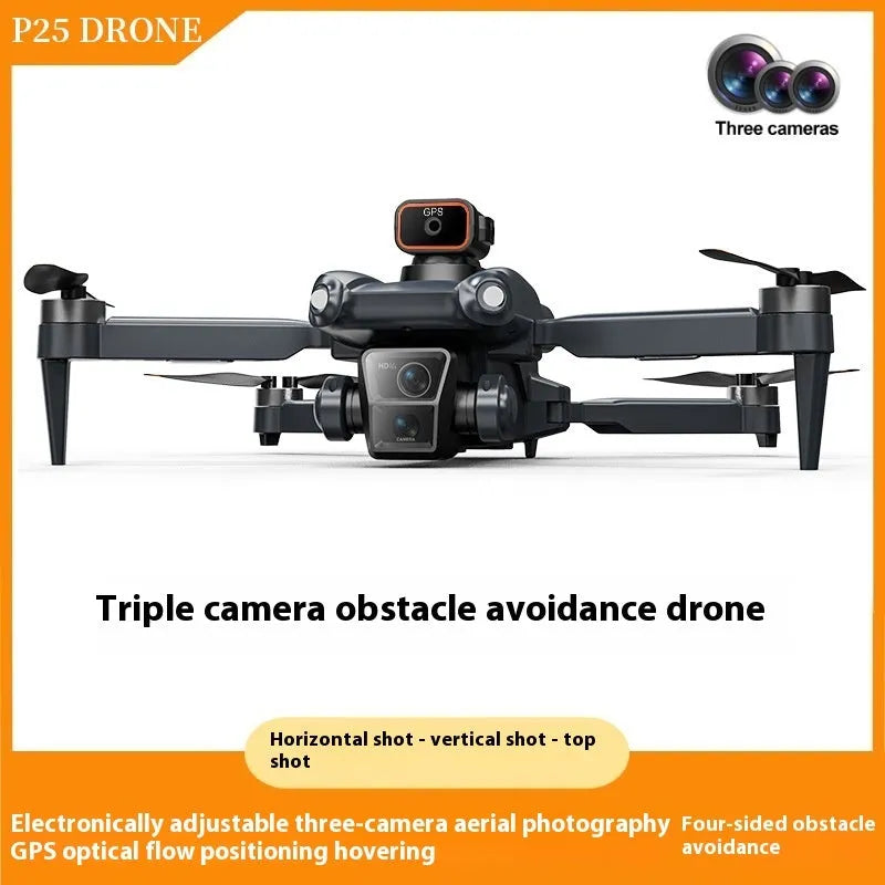 P25 brushless drone in dark blue with dual lenses, remote control, and storage bag on white background