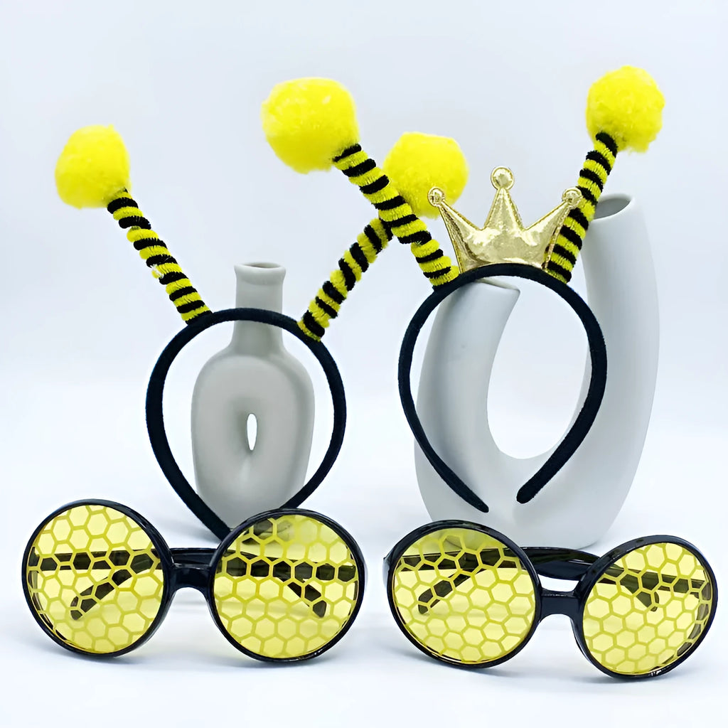 Yellow and black bee costume headband and glasses set made from cloth