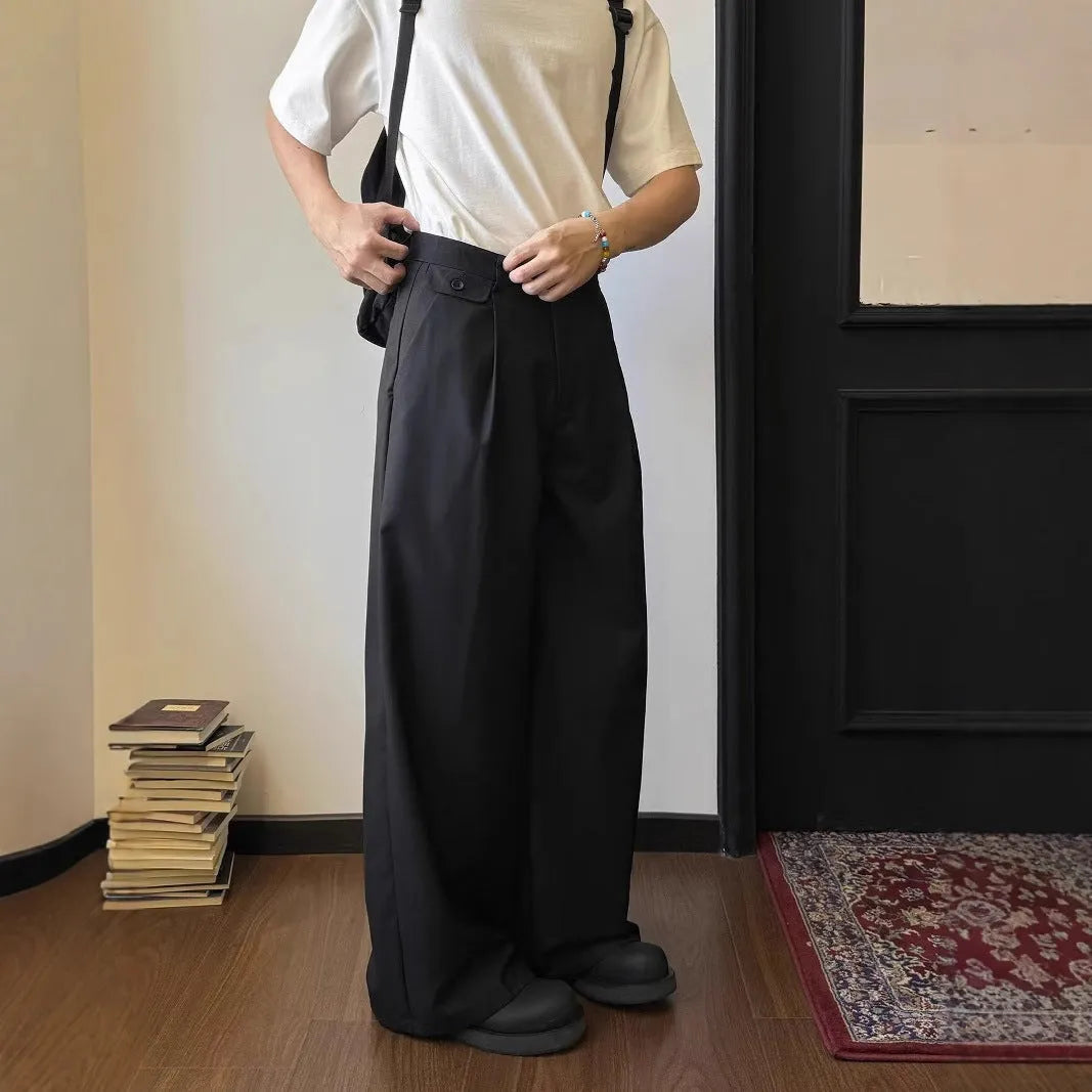 Men's straight-leg casual trousers in black with wide-leg loose cut