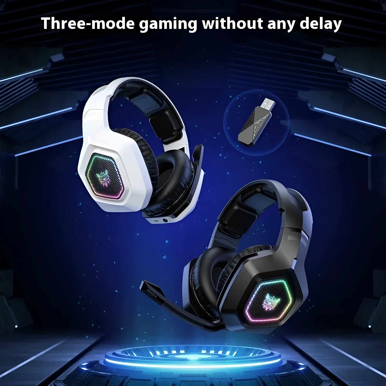 Black wireless gaming headset with RGB lighting showing lightweight PC ABS construction