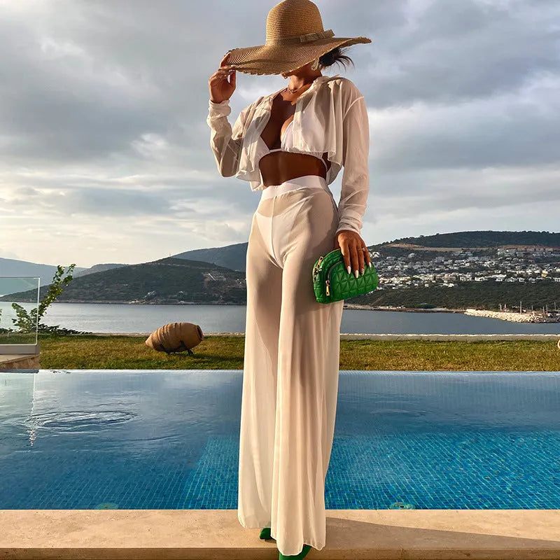 Women's white high waist swimsuit four-piece set with backless design