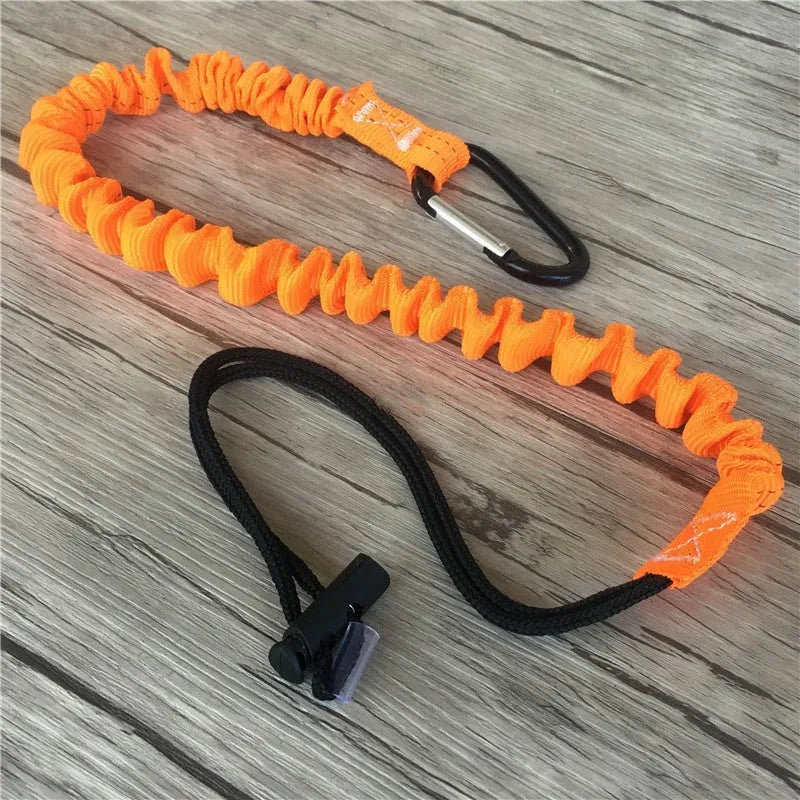 Orange fishing rod safety rope with metal snap hooks, 90cm length