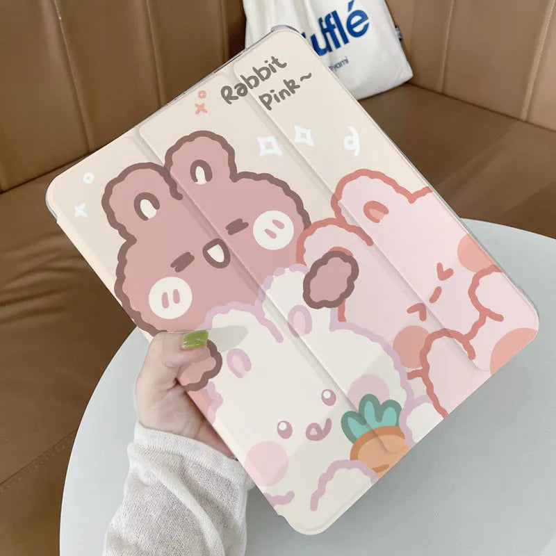 Silicone tri-fold iPad protective case with cartoon rabbit pattern, shown in stand mode.
