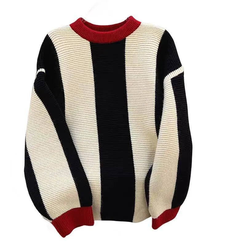 Women's contrast colour striped cashmere sweater with round neck and regular sleeves