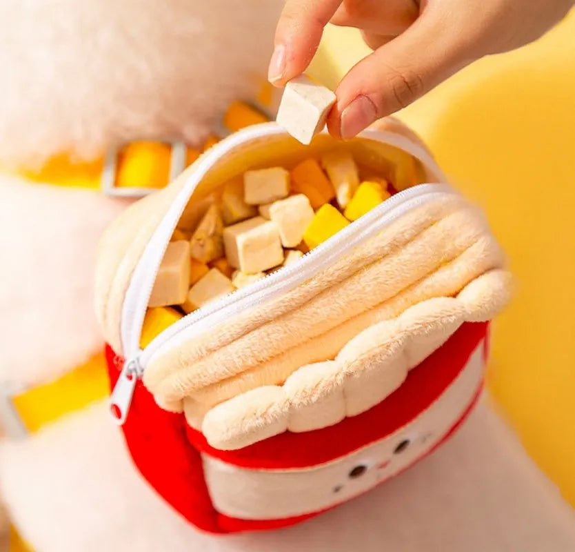 Cartoon hamburger design adjustable vest leash for a dog, showing the integrated rope and backpack-style harness.