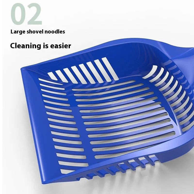 Plastic cat litter scoop in red, yellow, and blue colours showing small and medium size options