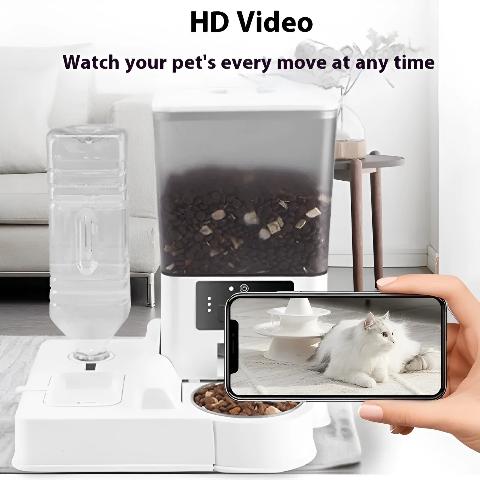 Double bowl intelligent pet feeder with stainless steel bowl and smart control panel
