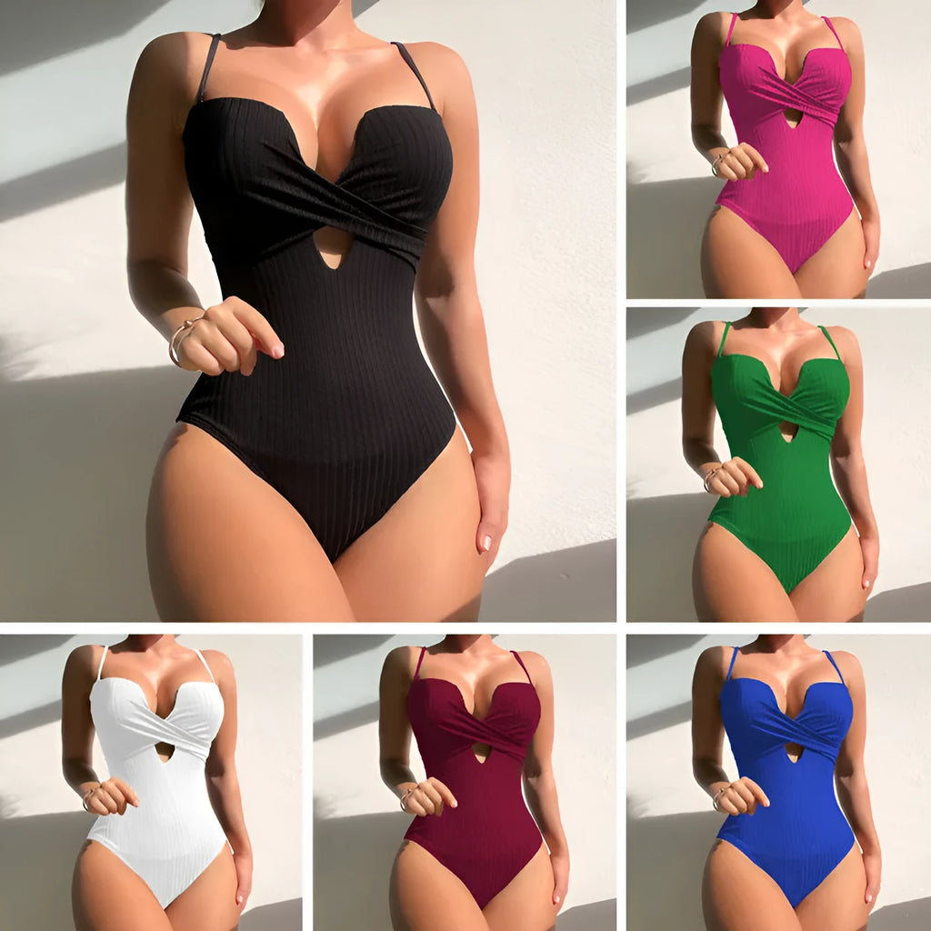 Women's solid colour one-piece polyester swimsuit in white, burgundy, or rose red