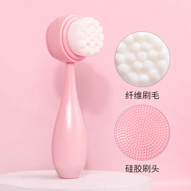 Facial brush with coral fleece headband set in three-piece configuration for skincare routines