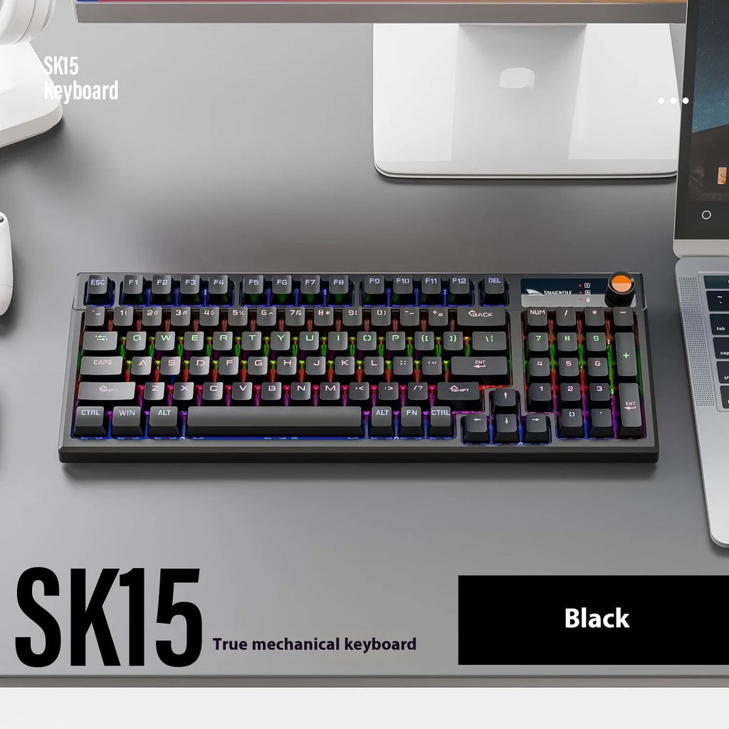 SK15 wired mechanical keyboard with control knob in Autumn Water Blue colour on desk