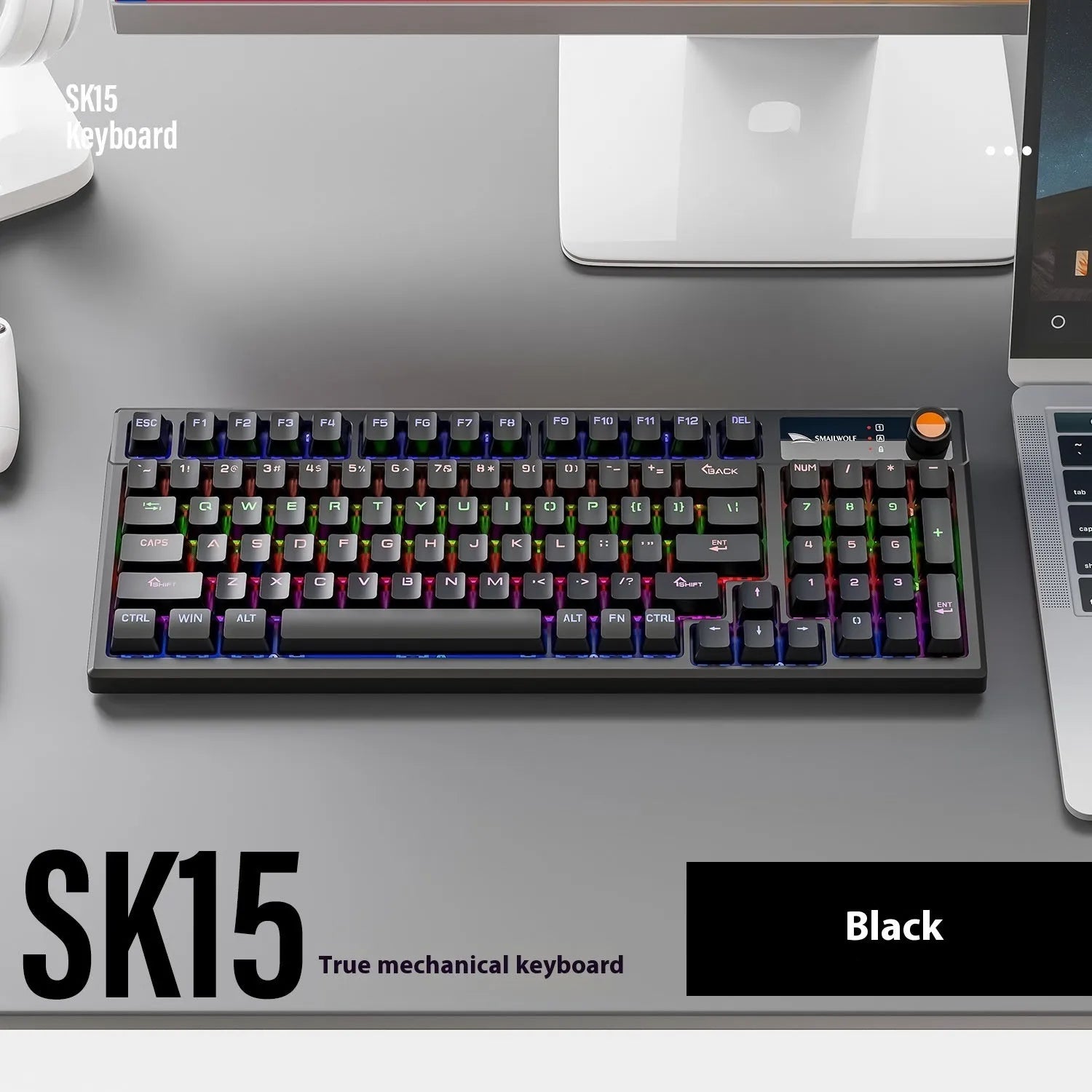 SK15 wired mechanical keyboard with control knob in Autumn Water Blue colour on desk