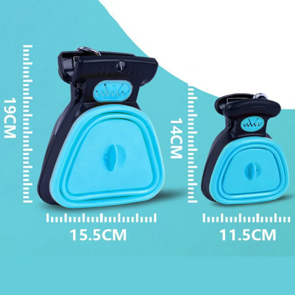 Portable handheld dog pooper scooper with expandable container and clip attachment in blue colour
