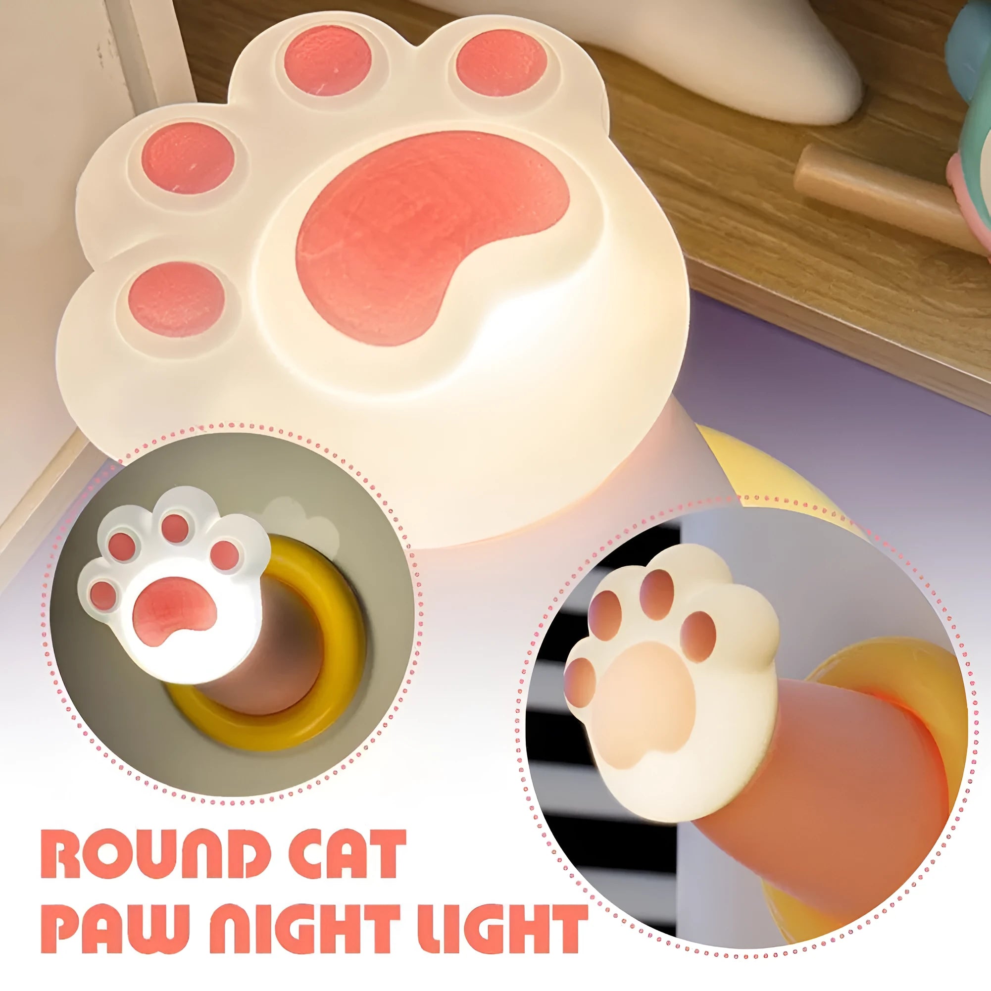 White cat paw shaped rechargeable touch control bedside lamp with dimmable light.