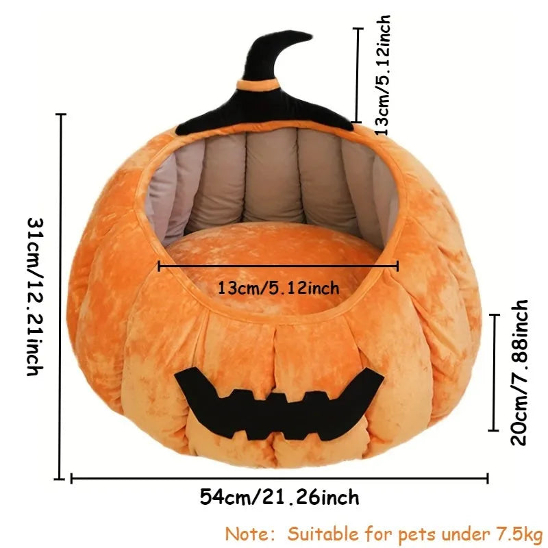Halloween pumpkin-shaped cat bed with cartoon devil design in soft plush material