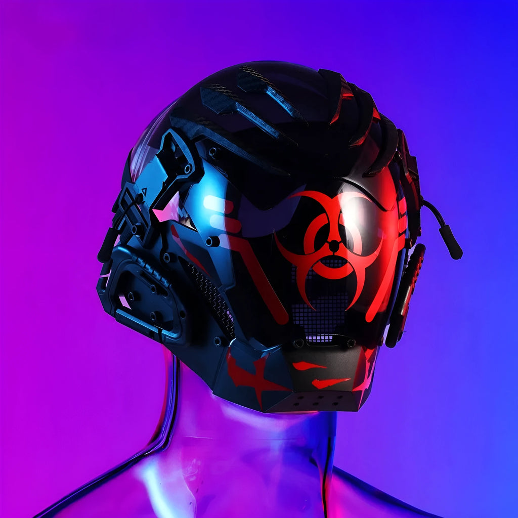 Black full-face plastic prop mask with a cyberpunk bioweapon design on a mannequin head.