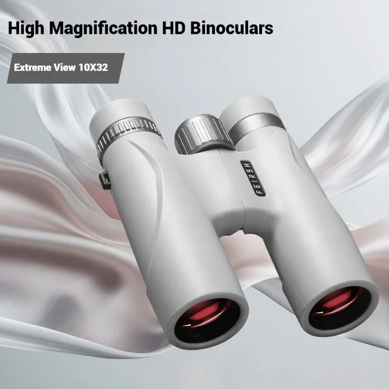 Compact blue binoculars with 10x32 magnification shown from multiple angles