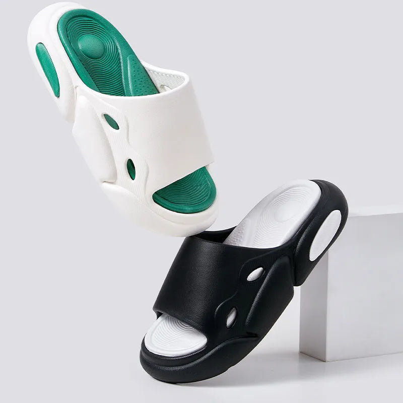 Pink purple and white green two-colour unisex slippers with thick EVA sole and leather lining.