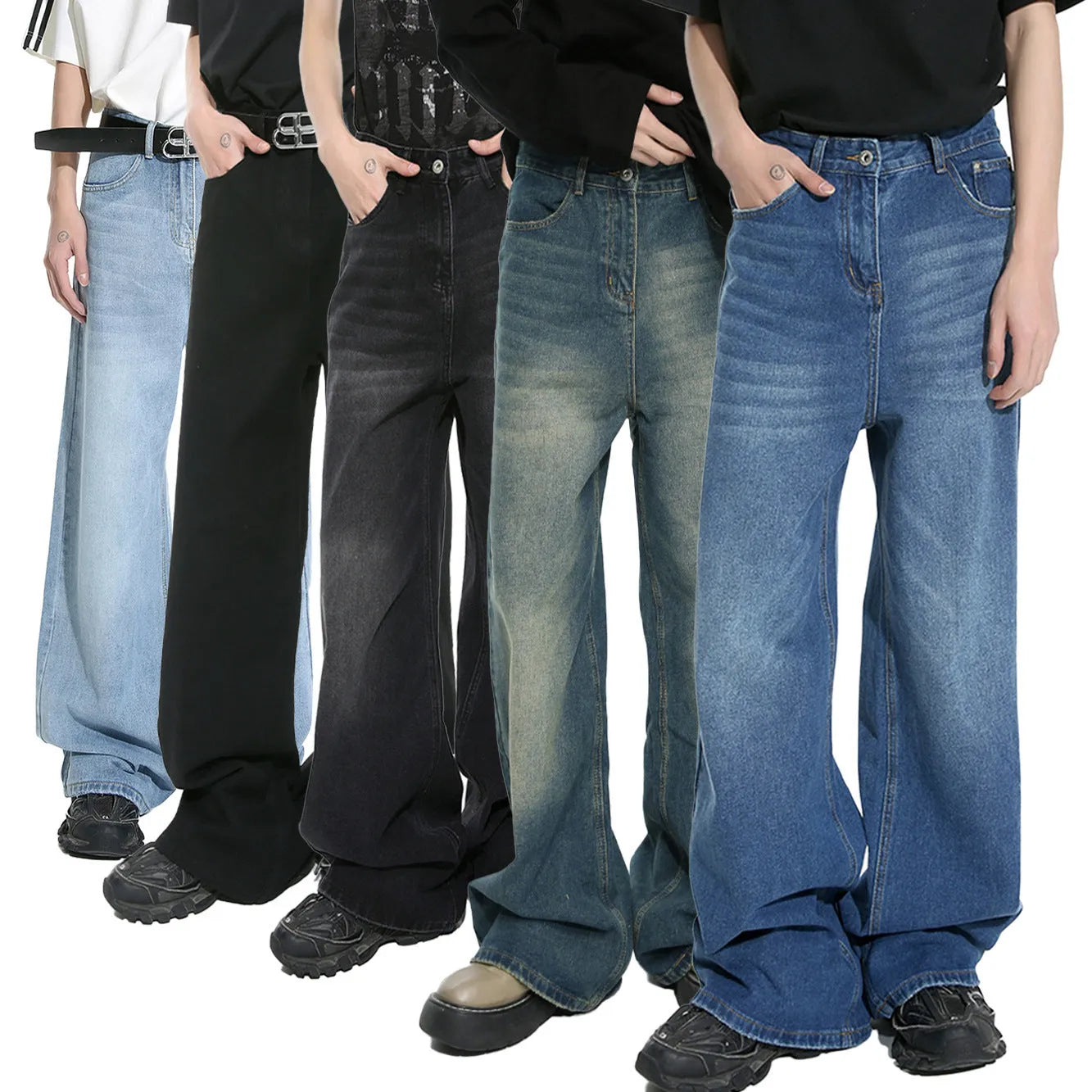 Men's retro washed straight casual jeans in cotton blend, mid waist, zipper fly, five colour options