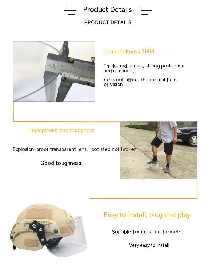 Transparent sports-style helmet visor with windproof lens, showing 30x15cm size and clear frame.