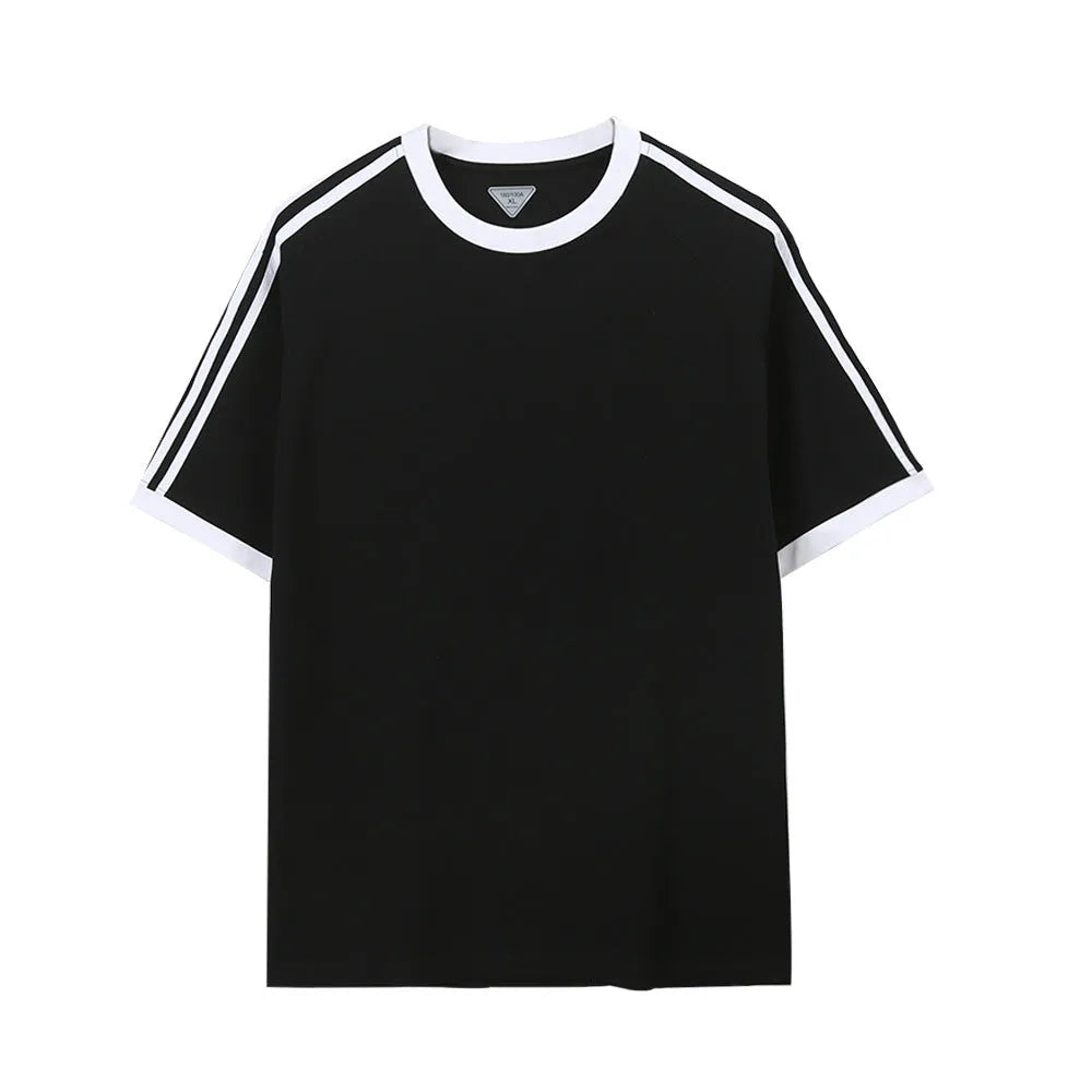 Ice silk stripes five-point top in ice-feeling cotton, loose fit pullover design, unisex summer shirt
