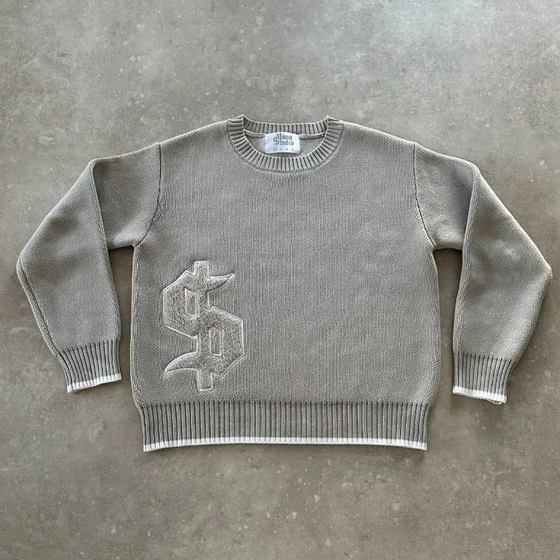 Grey jacquard pattern loose-fitting knitwear coat with long sleeves