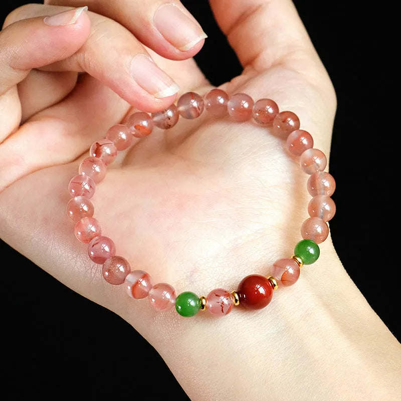 Women's handmade ice floating south red agate bracelet with white agate beads in fishtail pattern