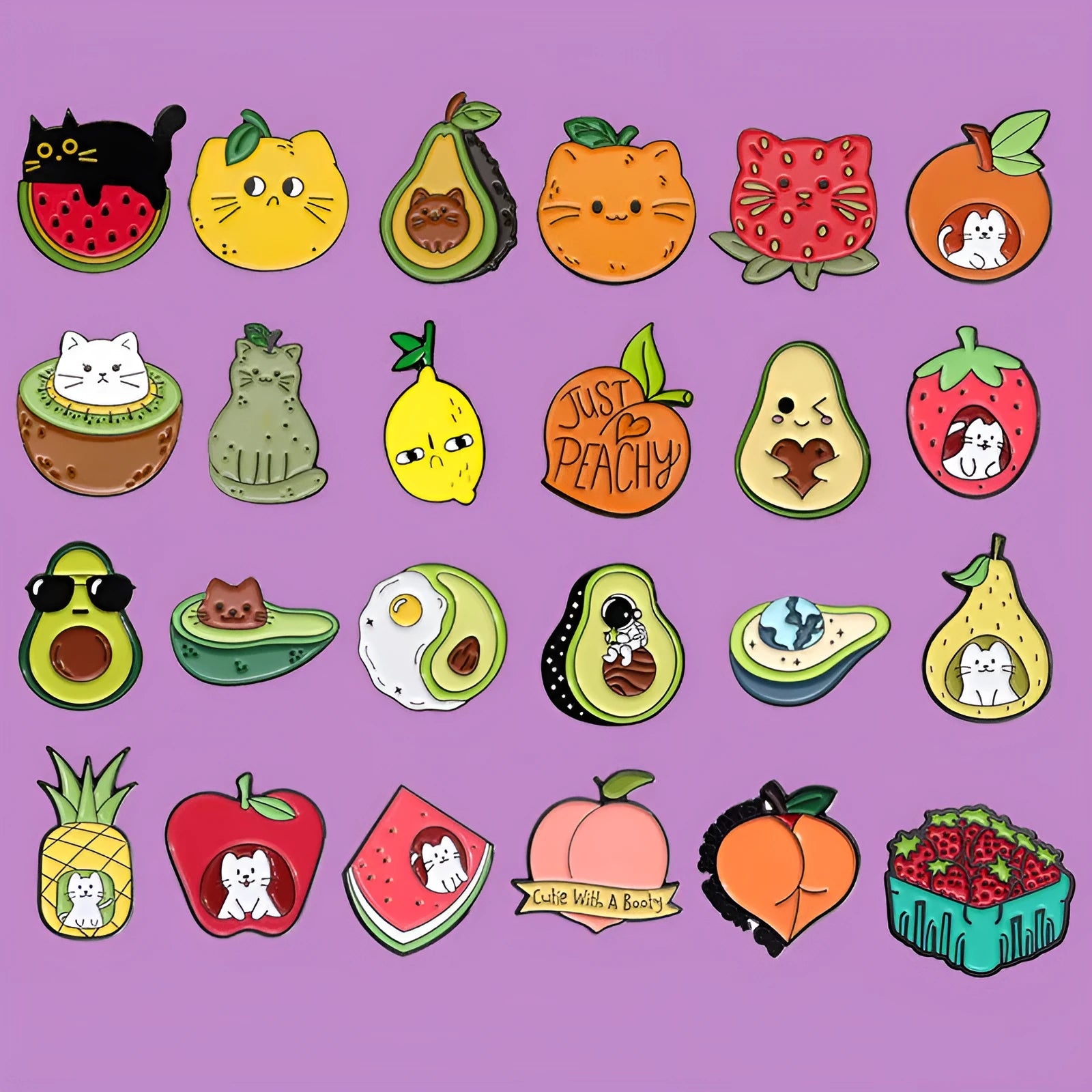 Colourful cartoon-style fruit and letter design zinc alloy brooch with pin back.