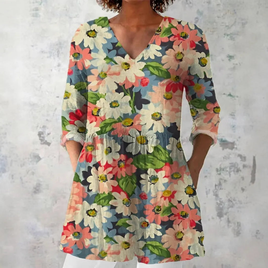 Women's retro slim fit printed long-sleeved top in a digital print design.