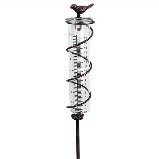 Cast iron outdoor rain gauge with hummingbird decoration and glass measurement tube showing 0-800ml scale.