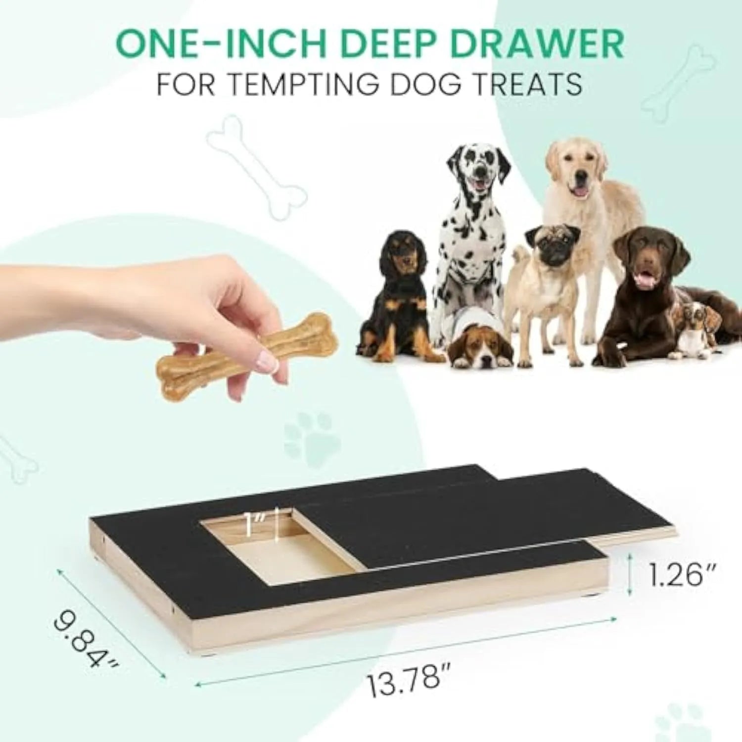Black wooden dog nail scratch board with treat drawer and four circular anti-slip pads on base